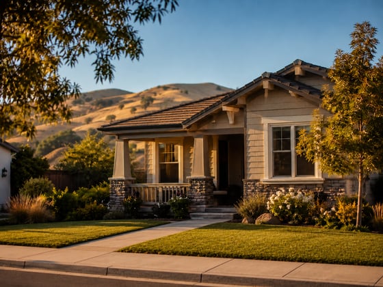California home with a front porch, green lawn, and golden foothills | property notes sold through Alpine West Notes